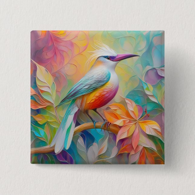 Pink Billed Red Breasted Fantasy Bird 15 Cm Square Badge (Front)