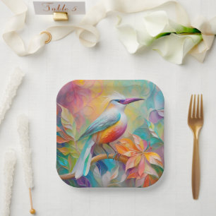 Pink Billed Red Breasted Fantasy Bird Paper Plate