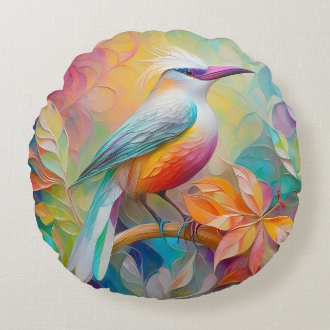 Pink Billed Red Breasted Fantasy Bird Round Cushion (Front)
