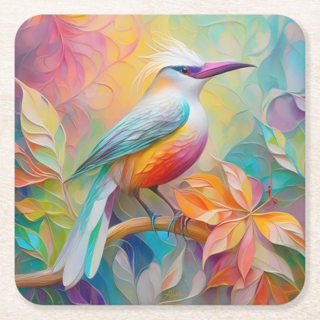 Pink Billed Red Breasted Fantasy Bird Square Paper Coaster (Front)