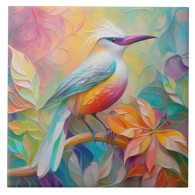 Pink Billed Red Breasted Fantasy Bird Tile (Front)