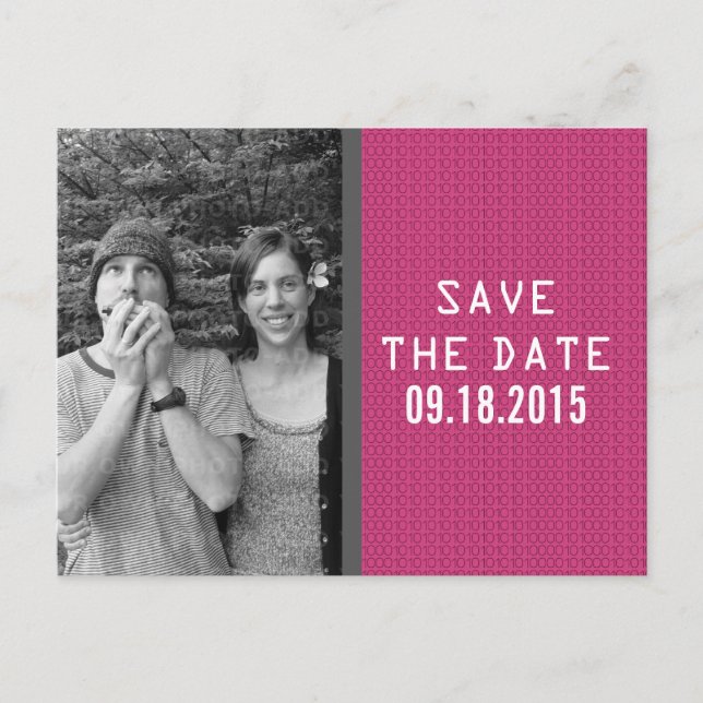 Pink Binary Code Photo Save the Date Postcard (Front)
