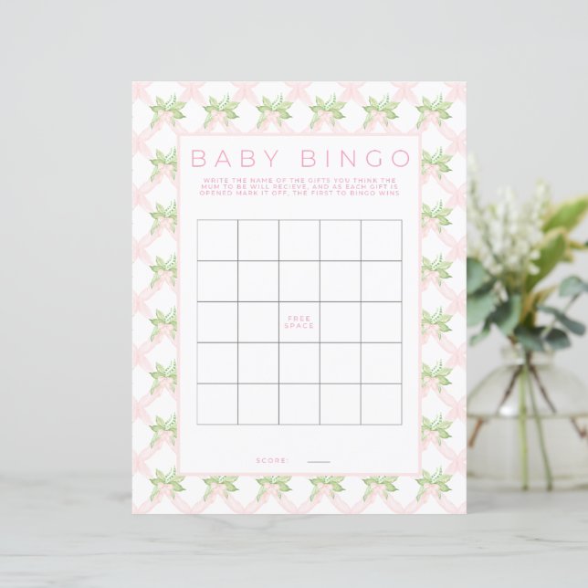 Pink Bingo Baby Shower Game Paper Sheet (Standing Front)