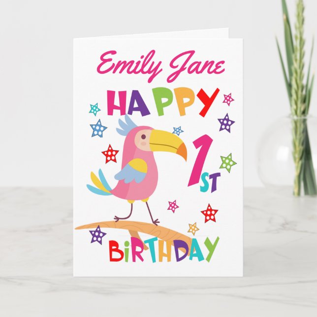 Pink Bird 1st Birthday Card (Front)