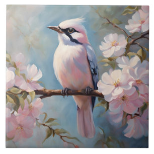 Pink Bird and Cherry Blossom Flowers  Tile