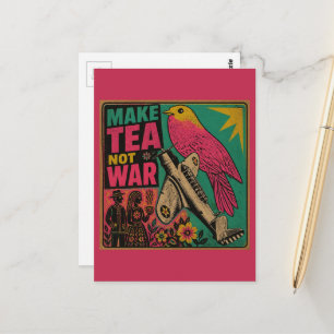Pink Bird and Vintage Plane Make Tea Not War Postcard