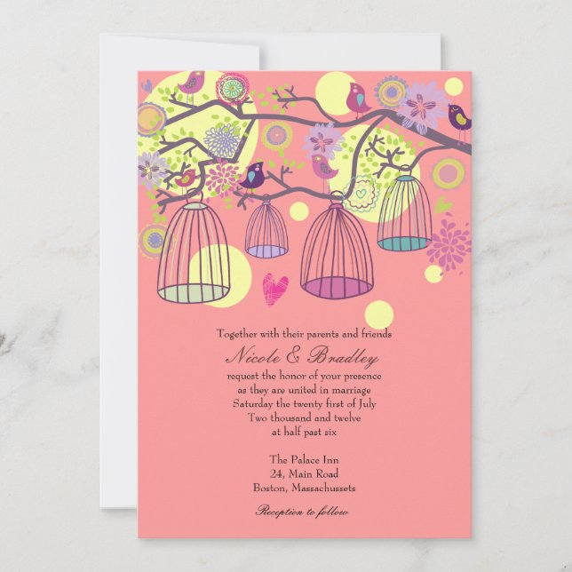 Pink Bird Cage Love Birds Wedding Invitation (Front)