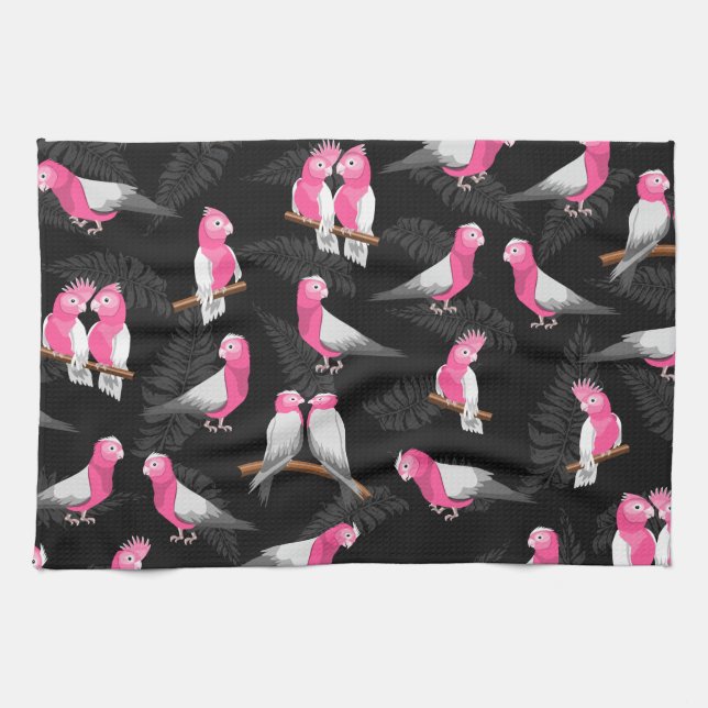 Pink bird galah cockatoo pattern tea towel (Horizontal)