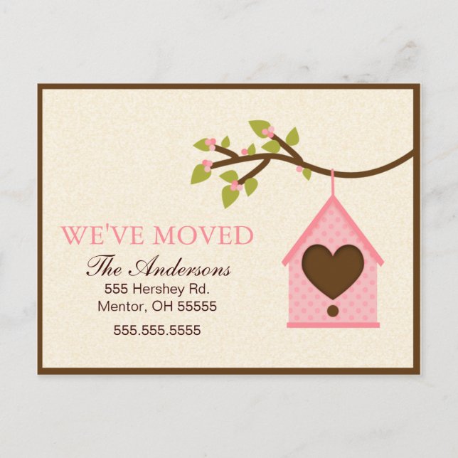 Pink Bird House Hanging Moving Announcements (Front)
