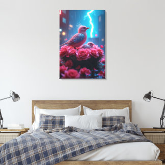 Pink Bird Nest Under Lightning Sky – Surreal Canvas Print