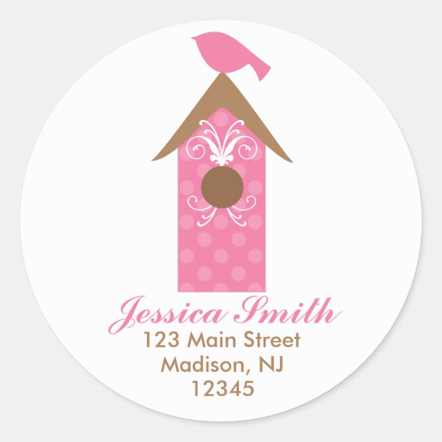 Pink Bird on Birdhouse Classic Round Sticker (Front)
