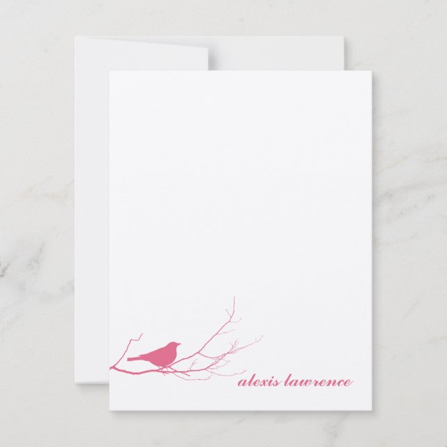 Pink bird on branch ecru thank you note card (Front)