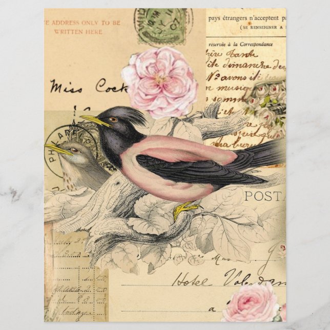 Pink Bird, Script Vintage Collage Scrapbook Paper (Front)