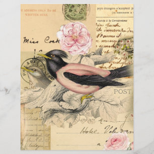 Pink Bird, Script Vintage Collage Scrapbook Paper