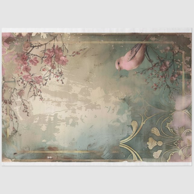 Pink Bird Shabby Chic Floral Art Deco Style  Tissue Paper (Front)