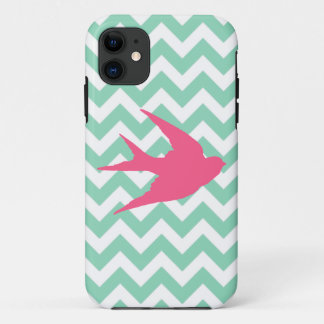 Pink Bird Silhouette on Chevron Stripes iPhone 11 Case