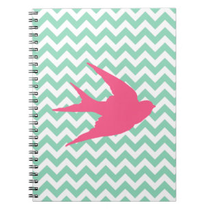 Pink Bird Silhouette on Chevron Stripes Spiral Notebook