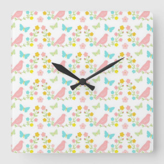 Pink birds and blue butterflies square wall clock