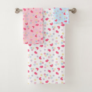 Pink Birds and Love Hearts Bath Towel Set