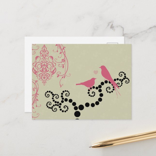 Pink Birds, Birds On Tree, Dots, Hearts, Love Postcard (Front/Back In Situ)