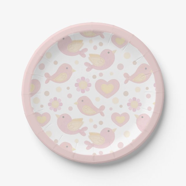 Pink Birds Nesting Party Paper Plate (Front)
