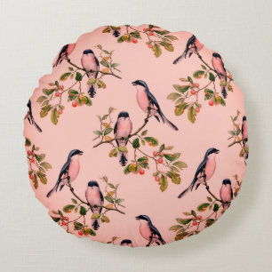 Pink Birds on Branches Reversible Country  Round Cushion