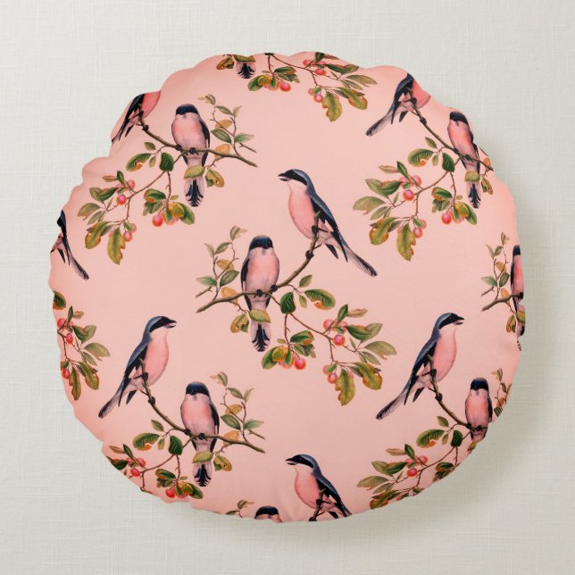 Pink Birds on Branches Reversible Country  Round Cushion (Front)