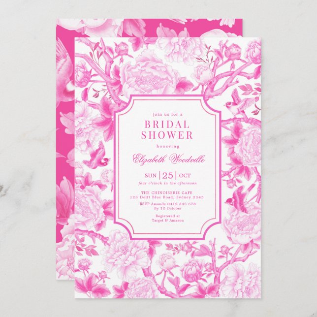 Pink Birds & Peonies Chinoiserie Bridal Shower Invitation (Front/Back)