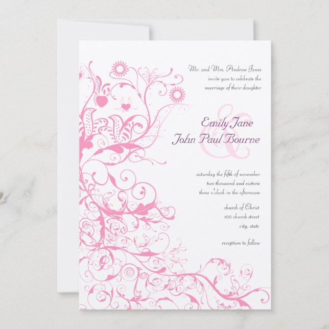 Pink Birds & Swirls Wedding Invitations (Front)