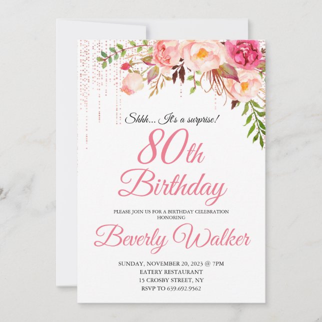 Pink Birthday 80th Surprise Floral  Invitation (Front)