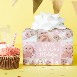 Pink Birthday 8 Photo Collage Name Age Wrapping Paper