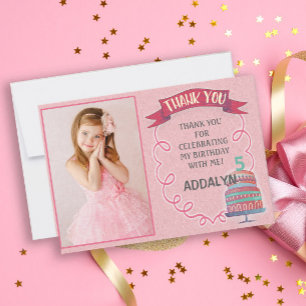 Pink Birthday and Cake Photo Thank You Card