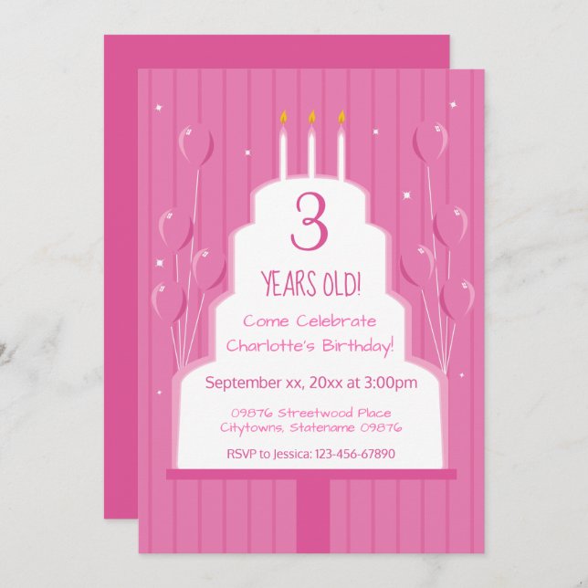 Pink Birthday Cake and Balloons | Invitation (Front/Back)