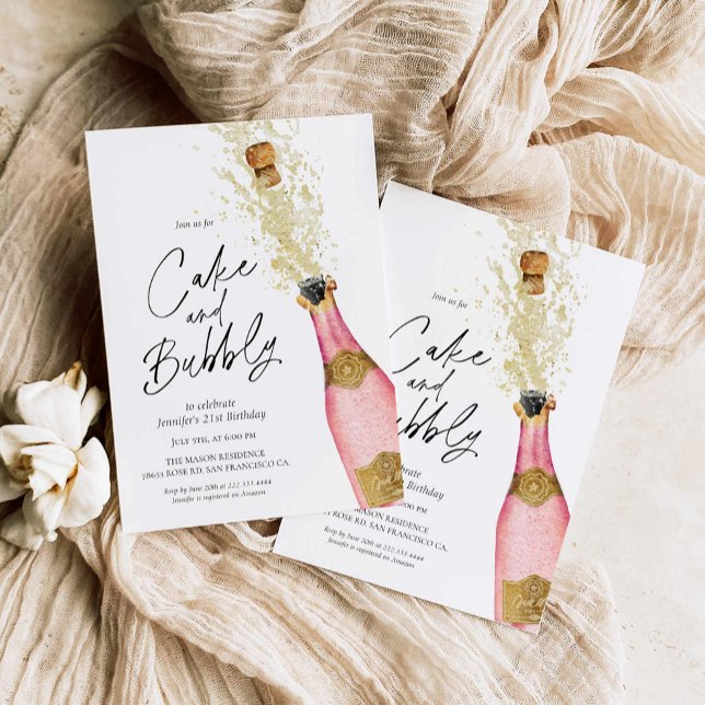 Pink Birthday Cake and Bubbly Champagne Invitation (Cake and Bubbly 21st Birthday Party Invitation)