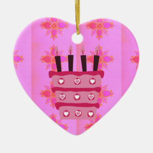Pink Birthday Cake Art Print Ceramic Tree Decoration