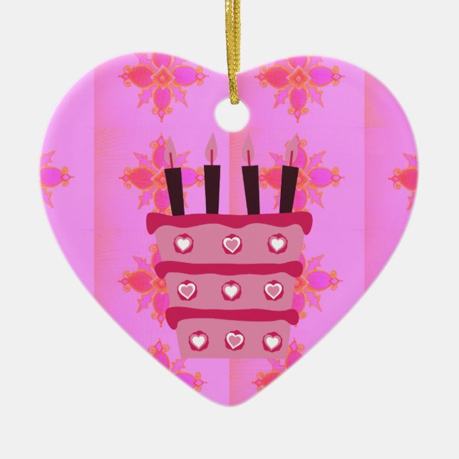 Pink Birthday Cake Art Print Ceramic Tree Decoration (Front)