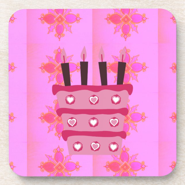 Pink Birthday Cake Art Print Coaster (Front)