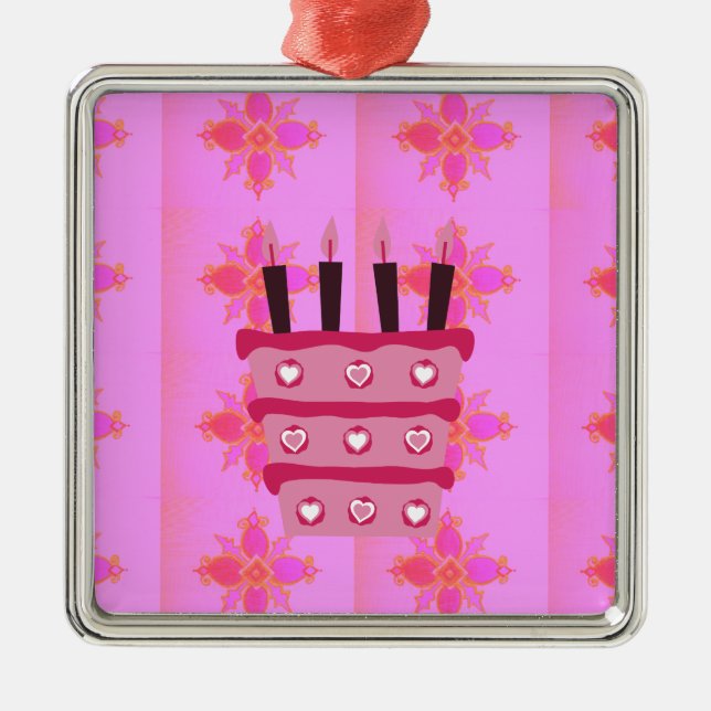 Pink Birthday Cake Art Print Metal Tree Decoration (Front)