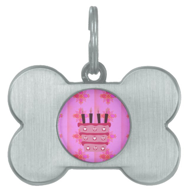 Pink Birthday Cake Art Print Pet Name Tag (Front)