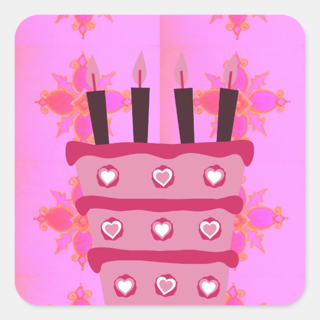 Pink Birthday Cake Art Print Square Sticker (Front)