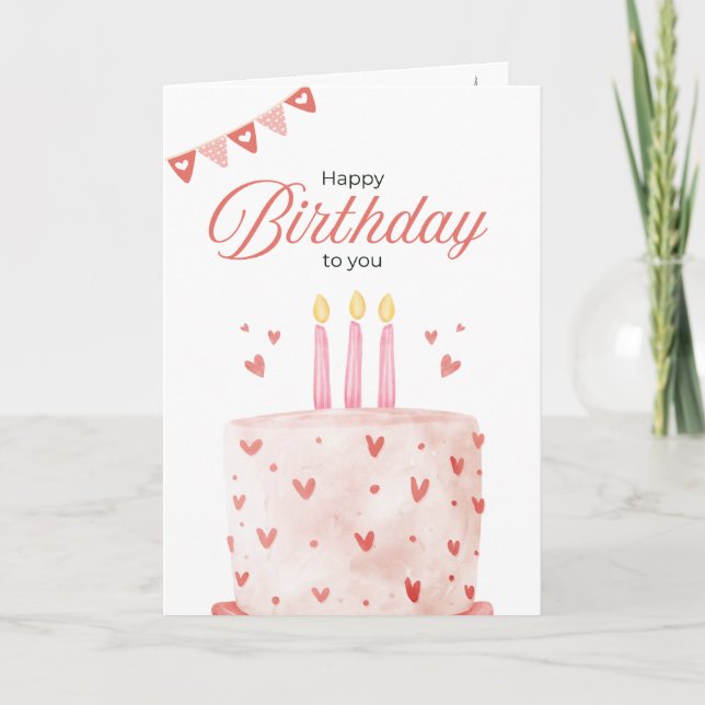 Pink Birthday Cake Greeting Card (Front)