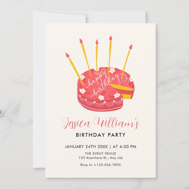 Pink Birthday cake invitation (Front)