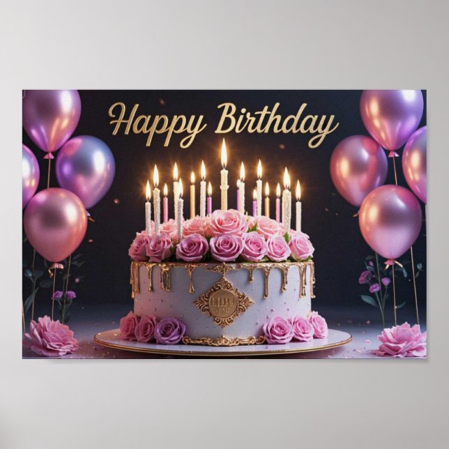 Pink birthday cake luxurious elegant extravagant poster (Front)