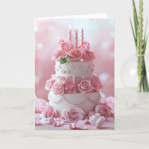 Pink Birthday Cake Roses Holiday Card