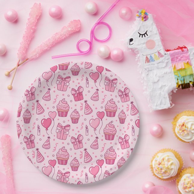 Pink Birthday Cupcakes Paper Plates (Party)