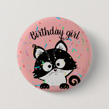 Pink birthday girl party button with tuxedo cat
