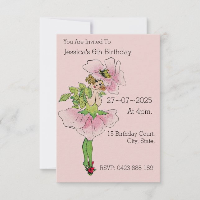 Pink Birthday Invitations Vintage Fairy (Front)
