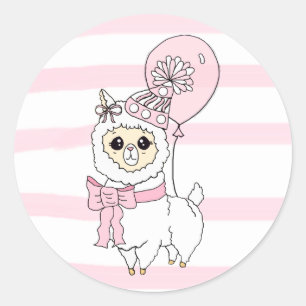 Pink Birthday Llama with Balloon Classic Round Sticker
