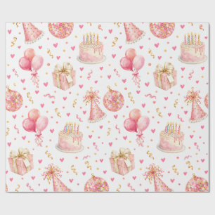 Pink Birthday Party Cake Balloons Gift Wrapping Paper