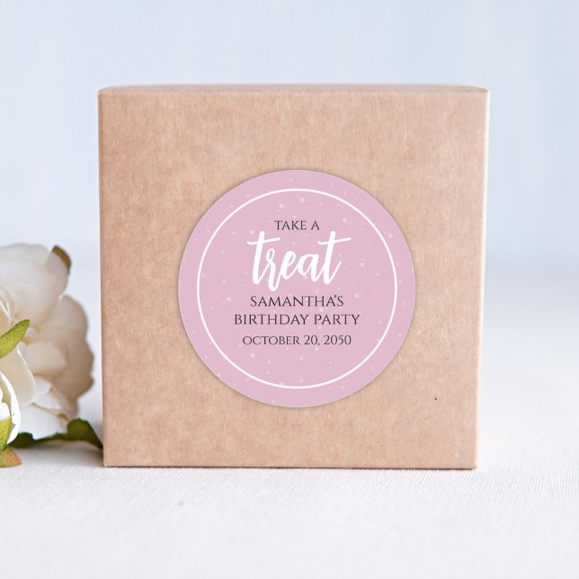 Pink Birthday Party Take a Treat Custom Classic Round Sticker (Creator Uploaded)
